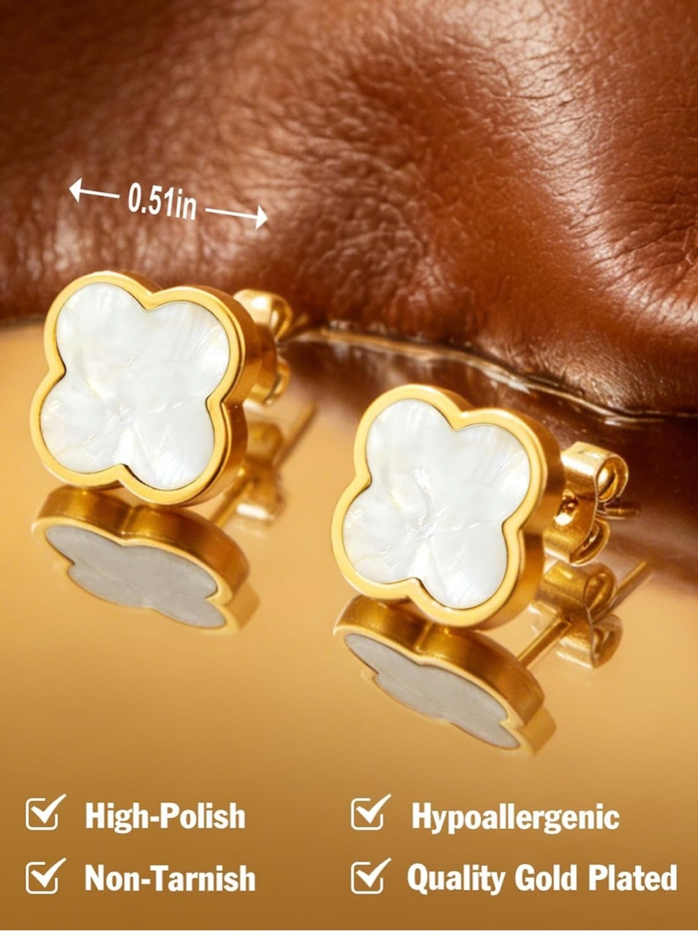 New! Alhambra Style Gold and White Mother-of-Pearl Clover Earrings - Picture 5 of 6